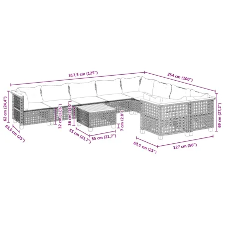 Salon de jardin 10 pcs avec coussins noir résine tressée