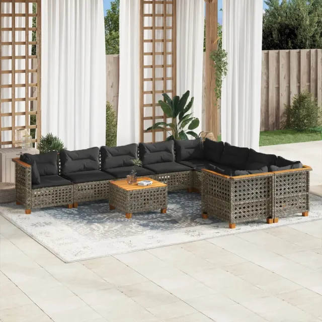 Salon de jardin avec coussins 10 pcs gris résine tressée