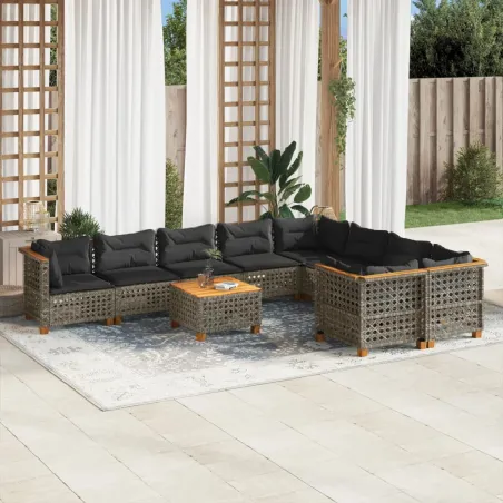 Salon de jardin avec coussins 10 pcs gris résine tressée