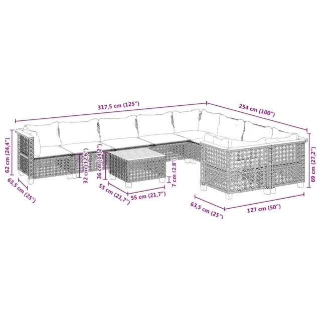 Salon de jardin avec coussins 10 pcs gris résine tressée
