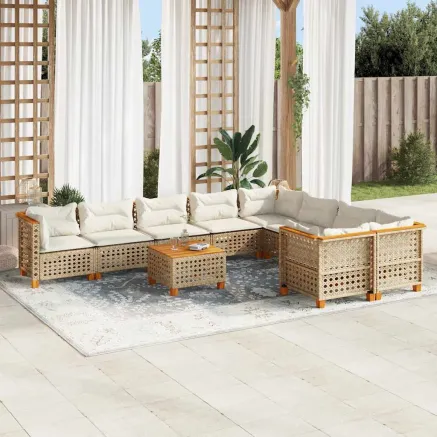 Salon de jardin avec coussins 10 pcs beige résine tressée