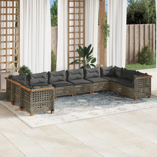Salon de jardin avec coussins 10 pcs gris résine tressée