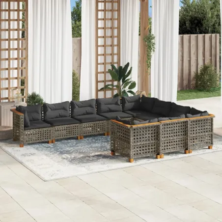 Salon de jardin avec coussins 10 pcs gris résine tressée