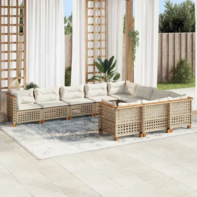 Salon de jardin avec coussins 10 pcs beige résine tressée