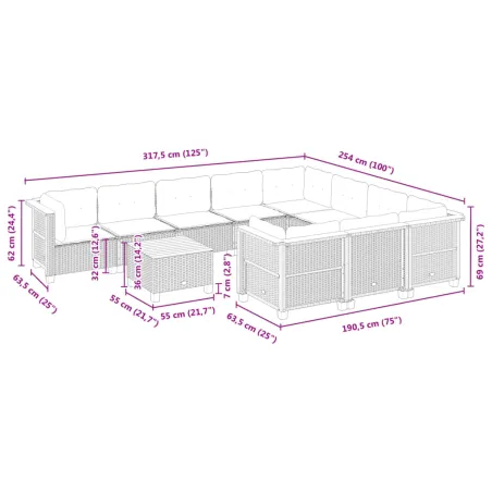 Salon de jardin 11 pcs avec coussins gris résine tressée