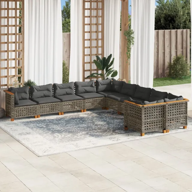 Salon de jardin avec coussins 10 pcs gris résine tressée