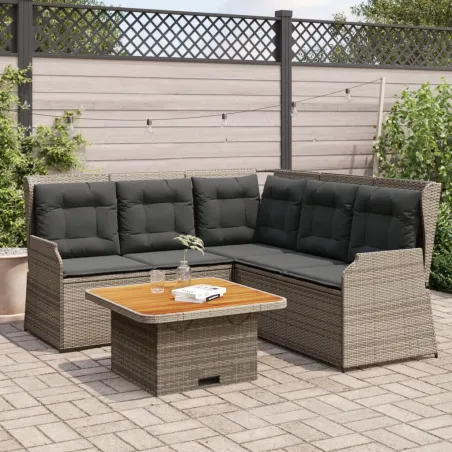 Salon de jardin 4 pcs avec coussins Gris Résine tressée