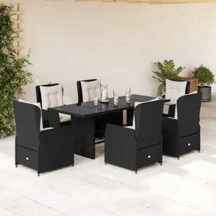 Ensemble à manger de jardin coussins 7pcs Noir Résine tressée