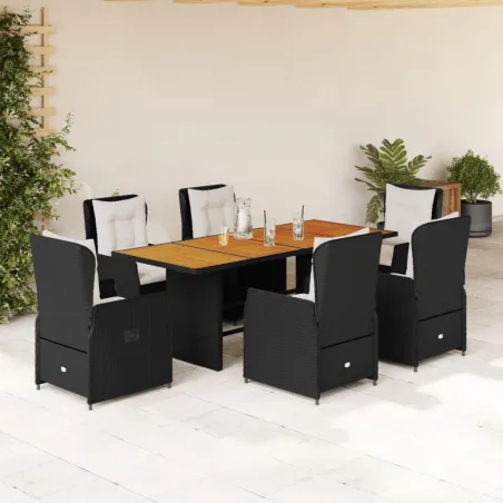 Ensemble à manger de jardin coussins 7pcs Noir Résine tressée
