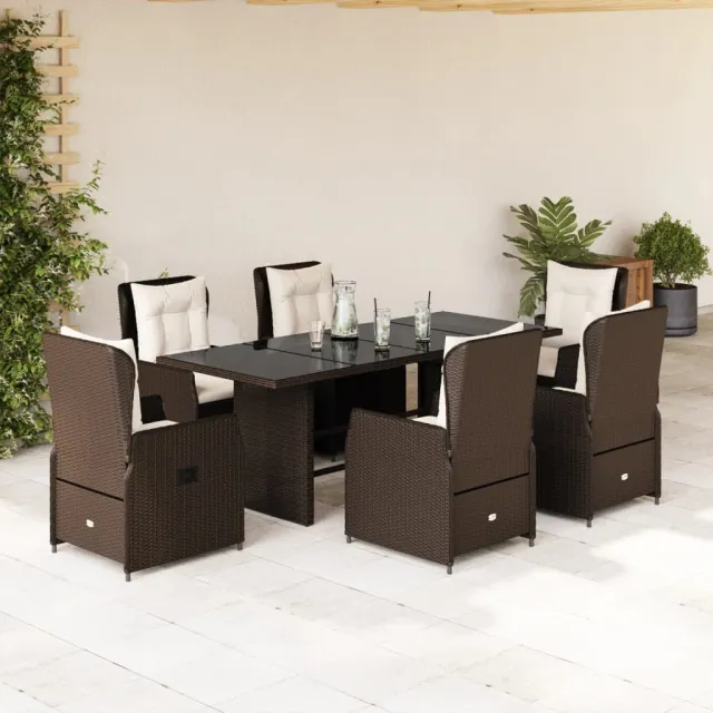 Ensemble à manger de jardin et coussins 7 pcs marron rotin