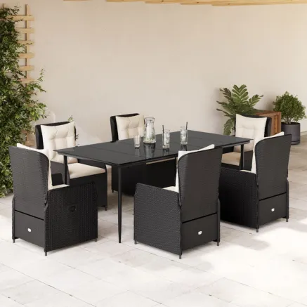 Ensemble à manger de jardin coussins 7pcs Noir Résine tressée