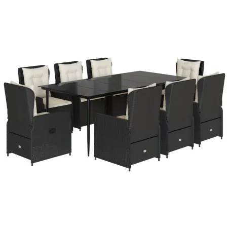 Ensemble à manger de jardin 9pcs coussins noir résine tressée