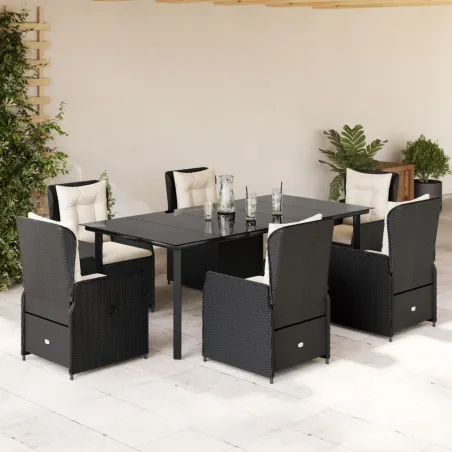 Ensemble à manger de jardin coussins 7pcs Noir Résine tressée