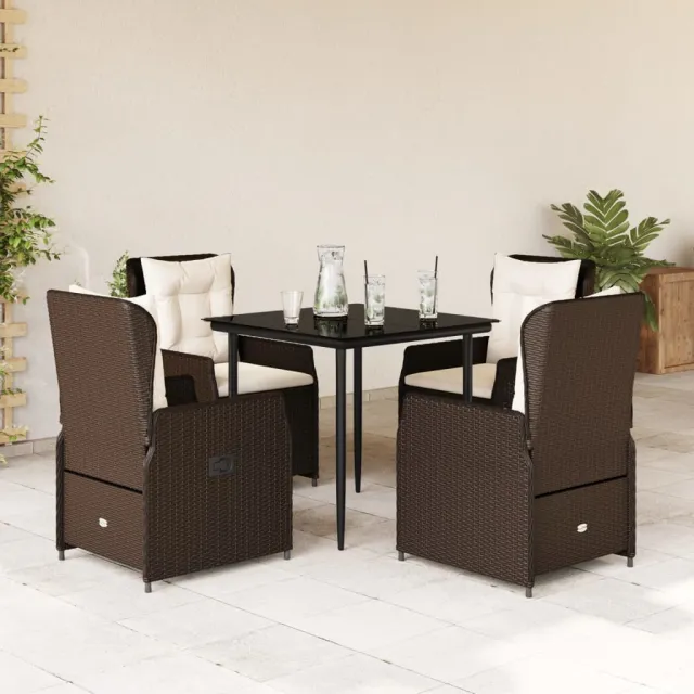 Ensemble à manger de jardin 5 pcs et coussins marron poly rotin