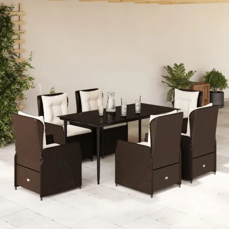 Ensemble à manger de jardin et coussins 7 pcs marron rotin