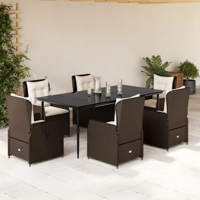 Ensemble à manger de jardin et coussins 7 pcs marron rotin