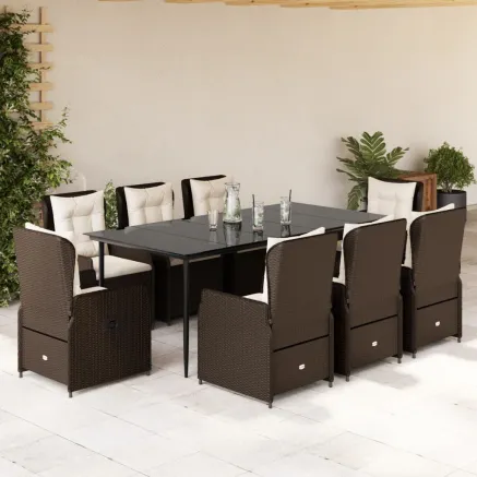 Ensemble à manger de jardin et coussins 9 pcs marron poly rotin