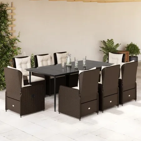 Ensemble à manger de jardin et coussins 9 pcs marron poly rotin