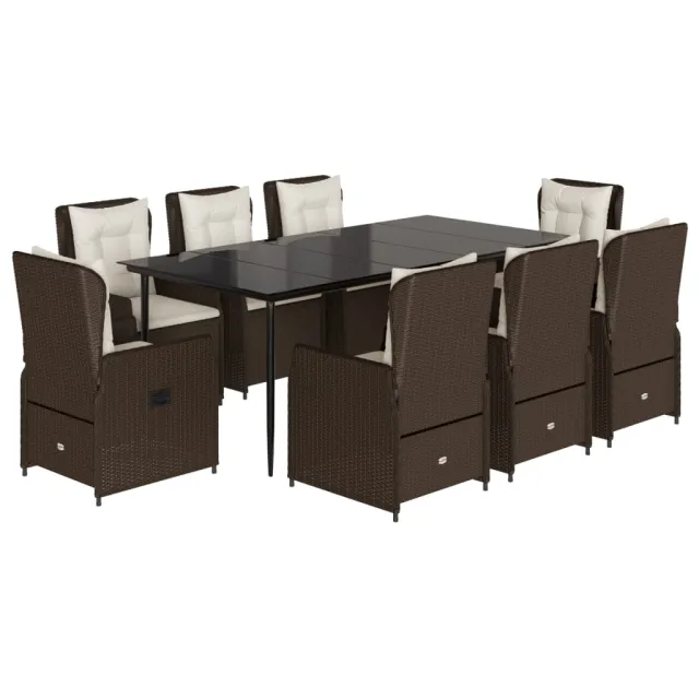 Ensemble à manger de jardin et coussins 9 pcs marron poly rotin