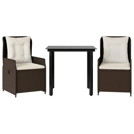 Ensemble à manger de jardin 3 pcs et coussins marron poly rotin 2