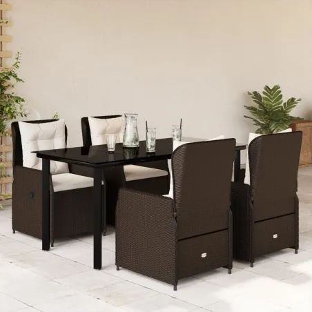Ensemble à manger de jardin 5 pcs et coussins marron poly rotin