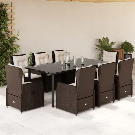 Ensemble à manger de jardin et coussins 9 pcs marron poly rotin