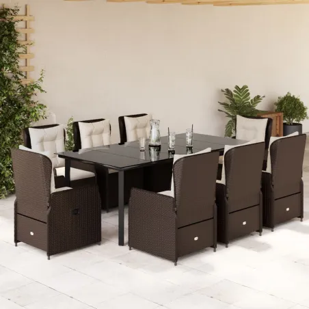 Ensemble à manger de jardin et coussins 9 pcs marron poly rotin
