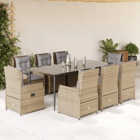 Ensemble à manger de jardin et coussins 9 pcs beige Poly rotin