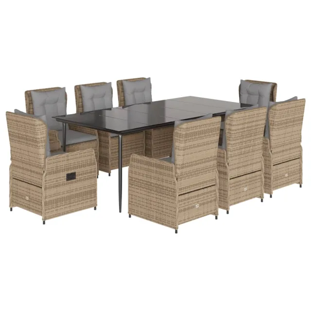 Ensemble à manger de jardin et coussins 9 pcs beige Poly rotin