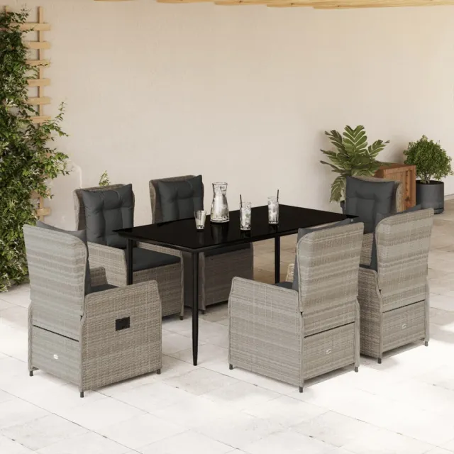Ensemble à manger de jardin et coussins 7 pcs gris clair rotin