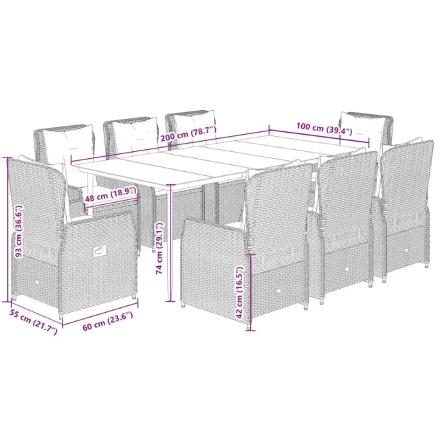 Ensemble à manger de jardin et coussins 9 pcs gris clair rotin