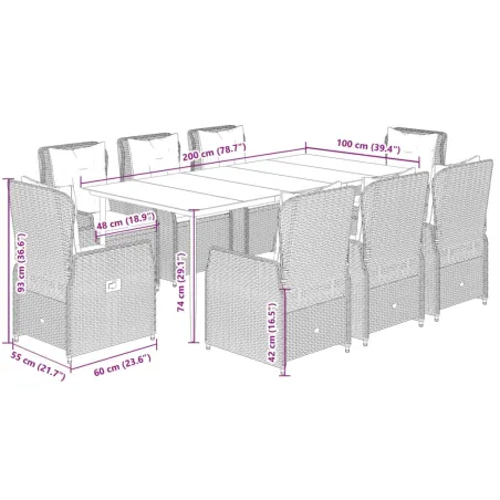 Ensemble à manger de jardin et coussins 9 pcs gris clair rotin