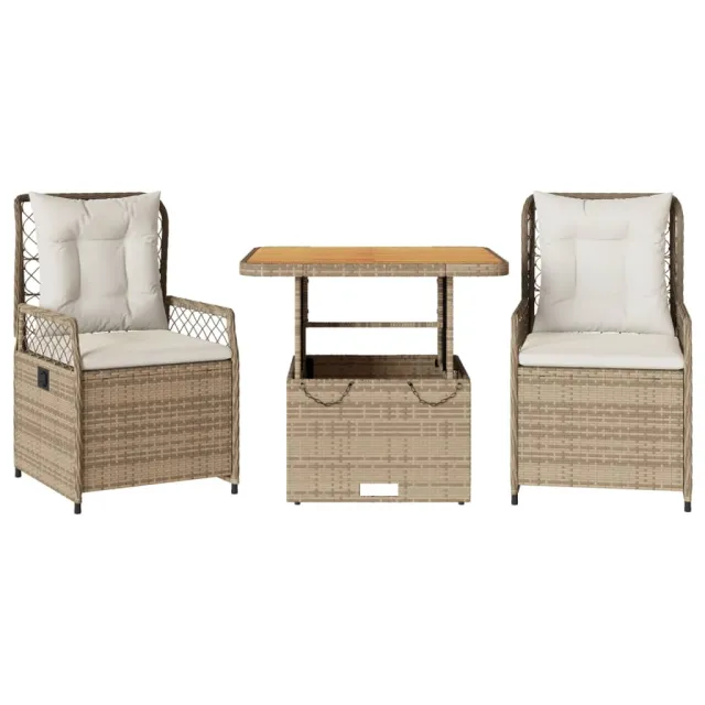 Ensemble à manger de jardin et coussins 3 pcs Beige poly rotin