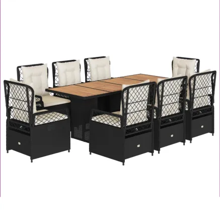 Ensemble à manger de jardin 9pcs coussins noir résine tressée 2