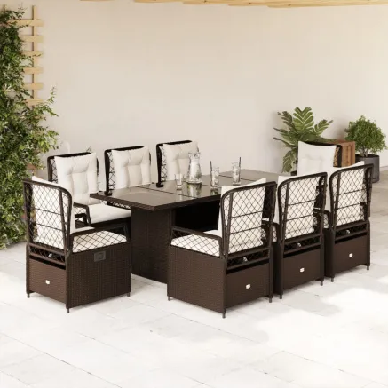 Ensemble à manger de jardin et coussins 9 pcs marron poly rotin