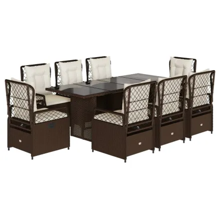 Ensemble à manger de jardin et coussins 9 pcs marron poly rotin 2