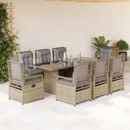 Ensemble à manger de jardin et coussins 9 pcs beige Poly rotin