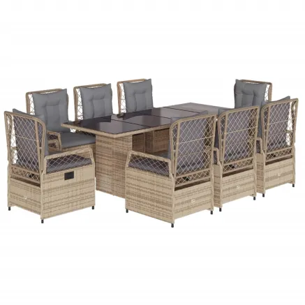 Ensemble à manger de jardin et coussins 9 pcs beige Poly rotin 2