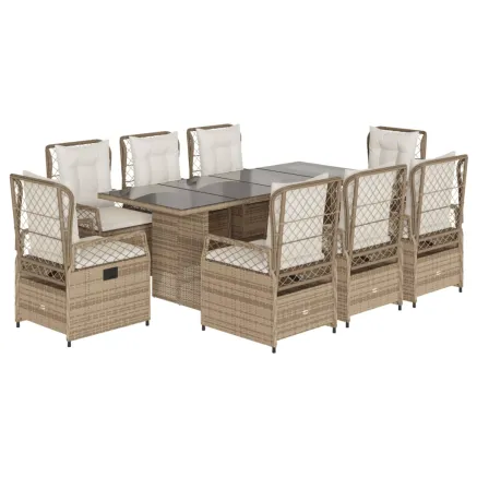 Ensemble à manger de jardin et coussins 9 pcs beige Poly rotin 2