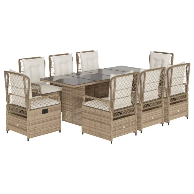 Ensemble à manger de jardin et coussins 9 pcs beige Poly rotin