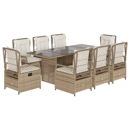 Ensemble à manger de jardin et coussins 9 pcs beige Poly rotin