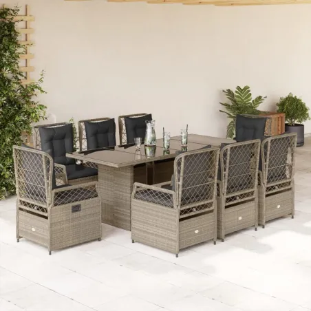 Ensemble à manger de jardin et coussins 9 pcs gris clair rotin