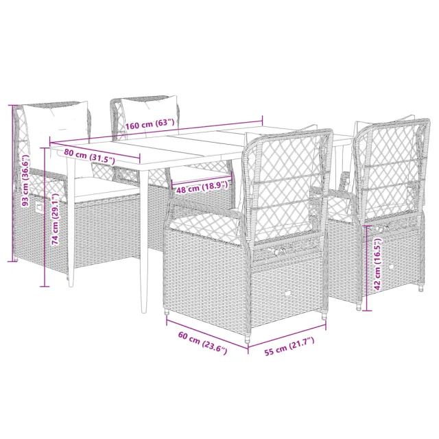 Ensemble à manger de jardin coussins 5pcs Noir Résine tressée