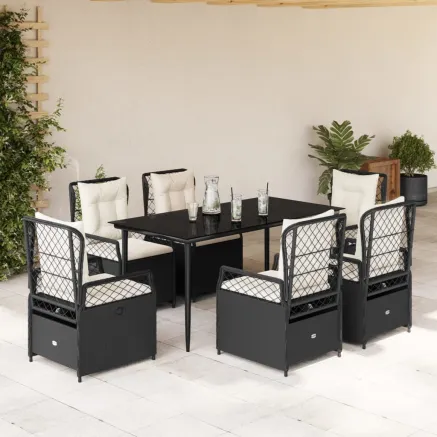 Ensemble à manger de jardin coussins 7pcs Noir Résine tressée