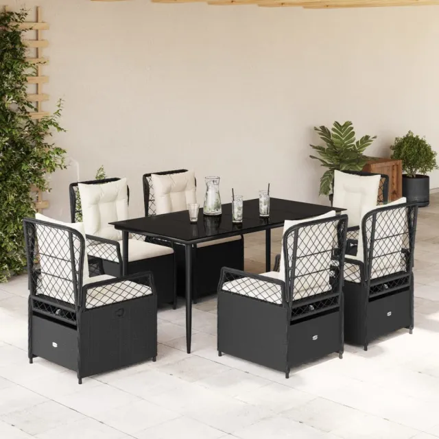 Ensemble à manger de jardin coussins 7pcs Noir Résine tressée