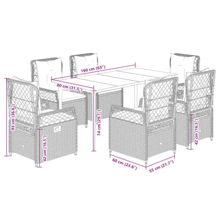 Ensemble à manger de jardin coussins 7pcs Noir Résine tressée