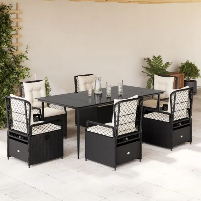 Ensemble à manger de jardin coussins 7pcs Noir Résine tressée