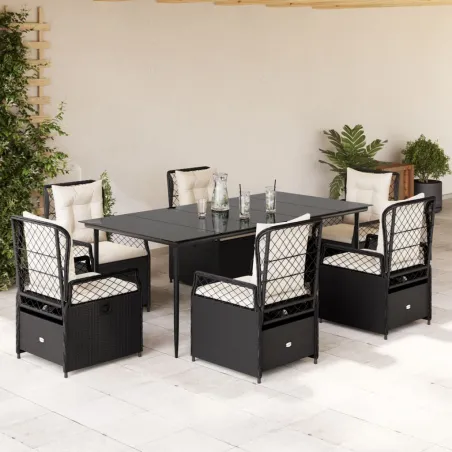 Ensemble à manger de jardin coussins 7pcs Noir Résine tressée