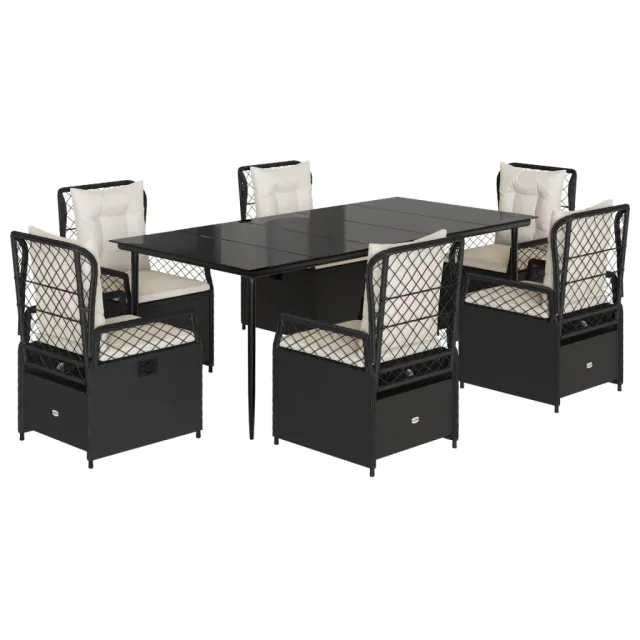 Ensemble à manger de jardin coussins 7pcs Noir Résine tressée