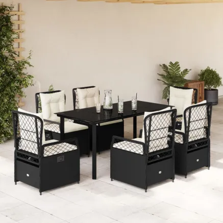 Ensemble à manger de jardin coussins 7pcs Noir Résine tressée